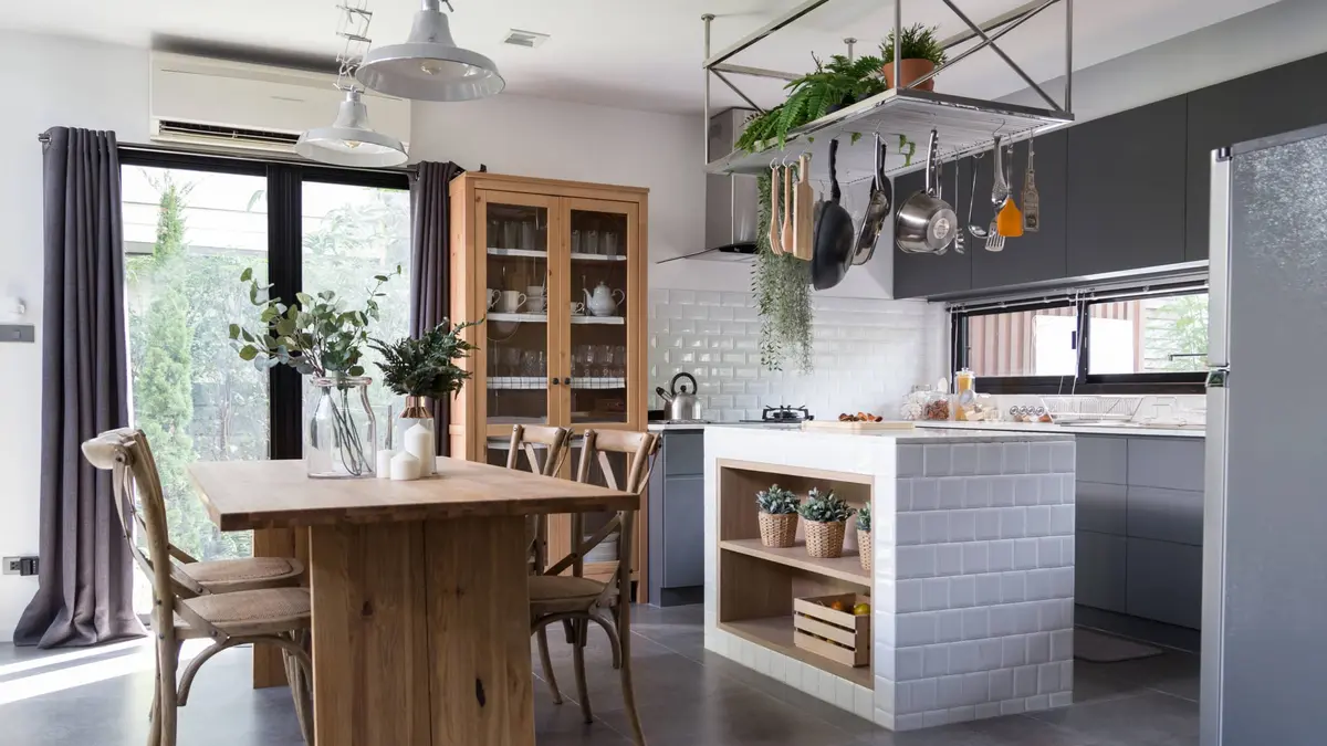 modern dining space with an open kitchen layout