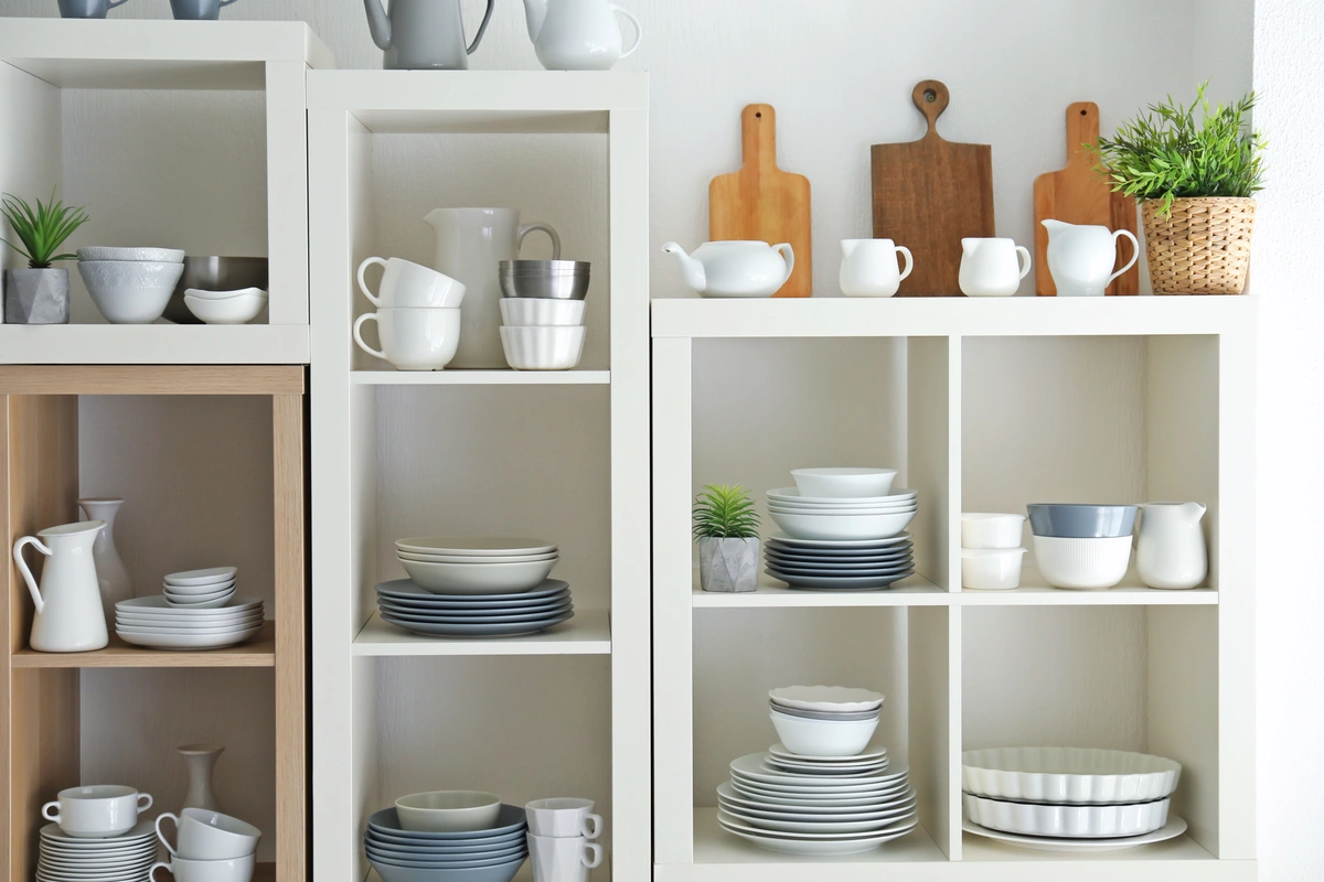 shelves in open cabinet to maximize kitchen space